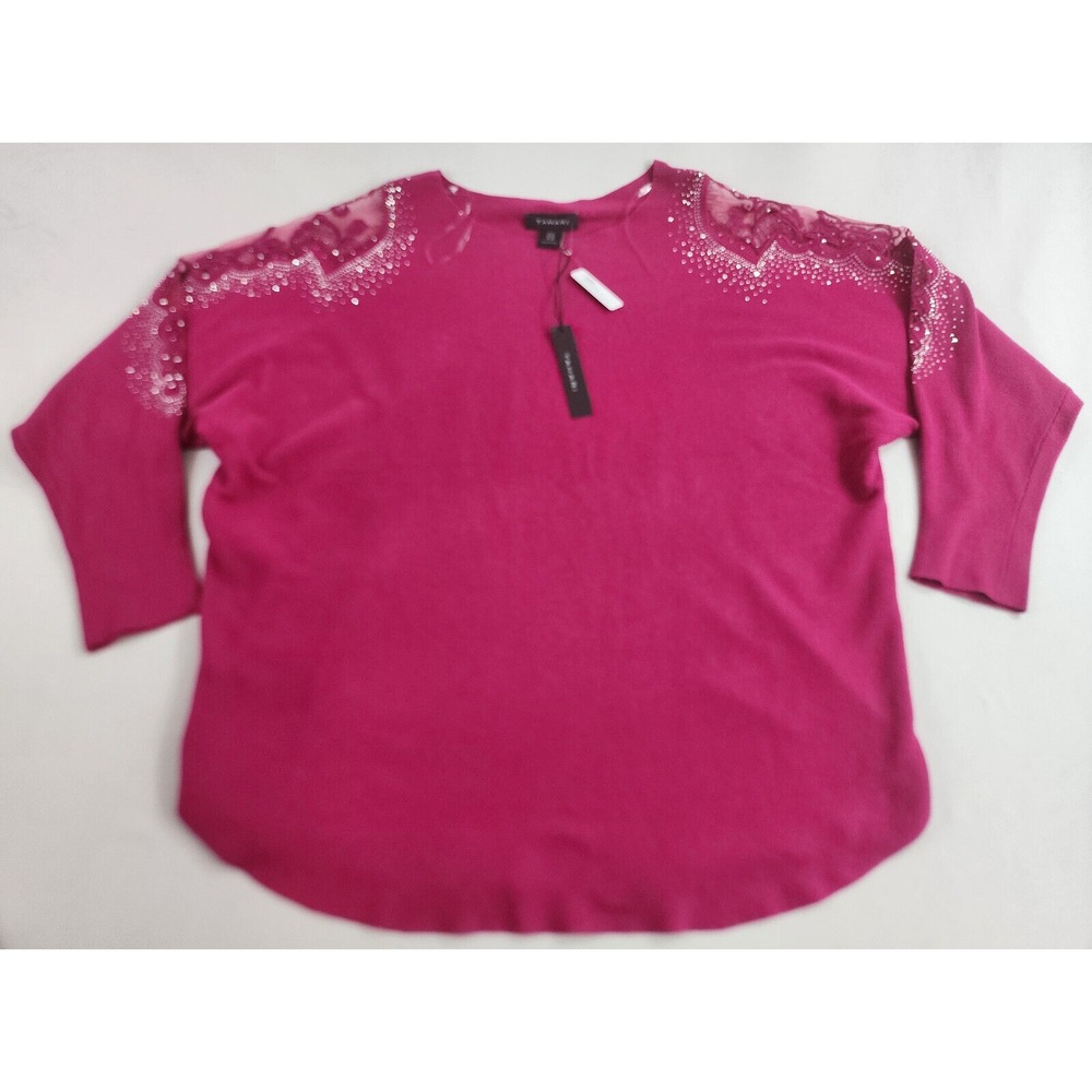 Elie Tahari Women Red Magenta Yummy Stretch Knit Sweater 1X Pullover Rhinestone